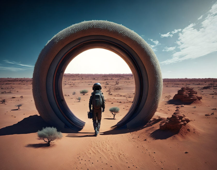 Astronaut walking to futuristic ring in desert landscape