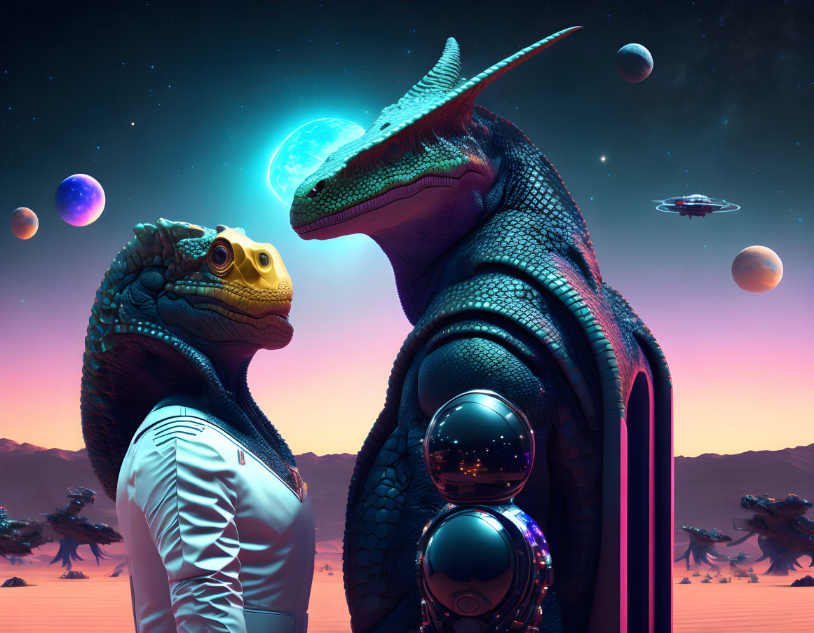 Reptilian humanoid creatures in space suits under surreal sky