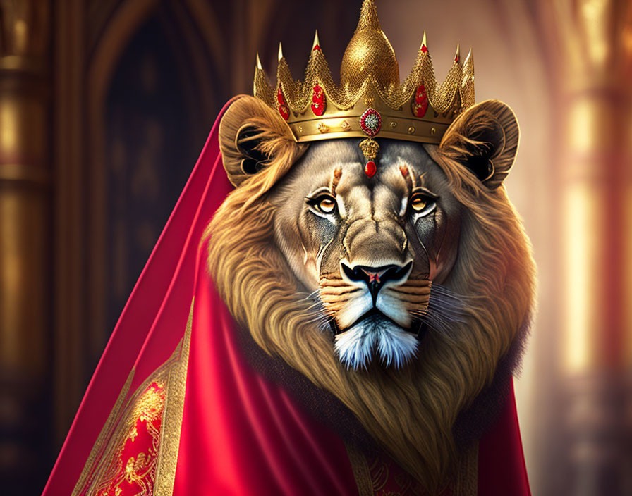 Regal lion with crown and red cloak in palace setting