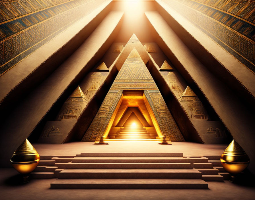 Golden pyramid interior with hieroglyphs and urns in warm light