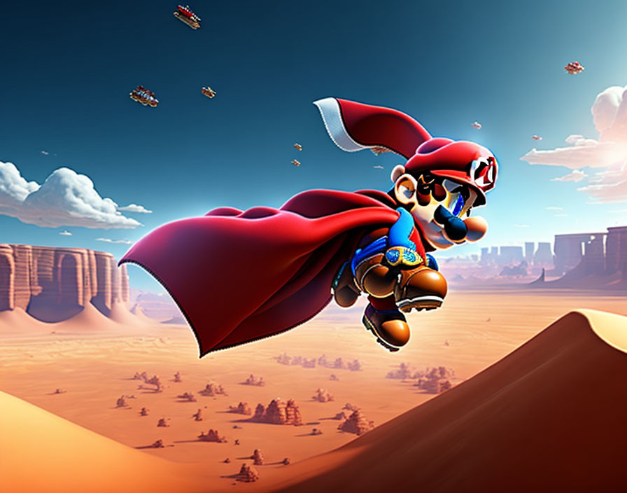 Red-caped animated character flying over desert landscape with ships and rock formations