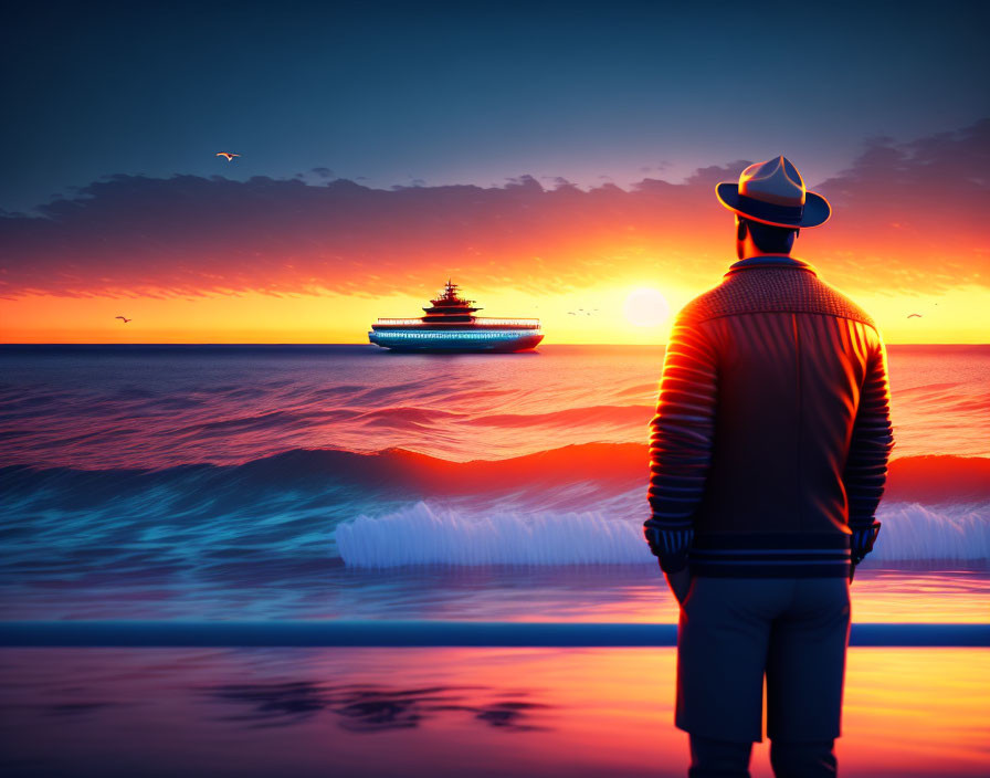 Person in hat watching sunset over ocean with yacht and seagulls.