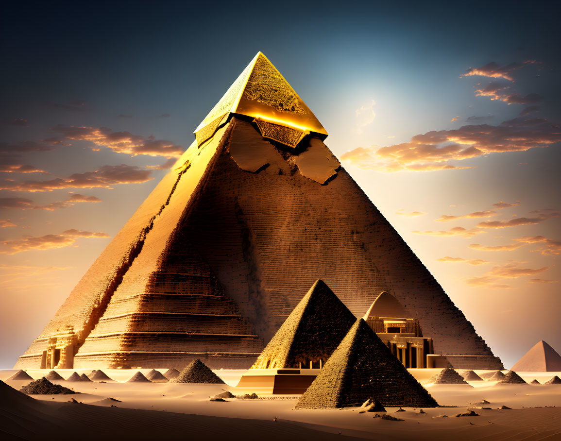 Digitally enhanced image of Great Pyramid and surrounding pyramids under dramatic sky.