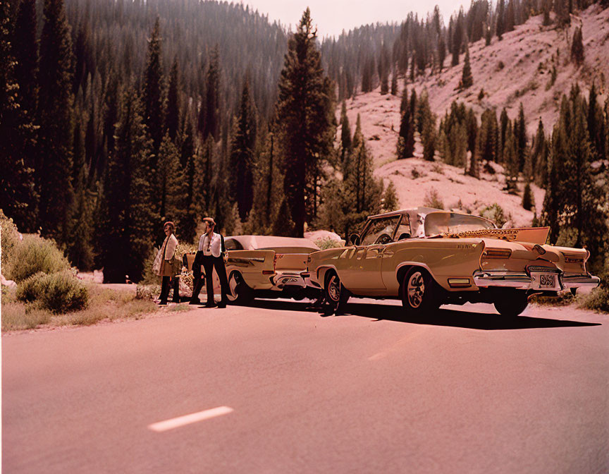 Vintage car and two people on forest-lined road