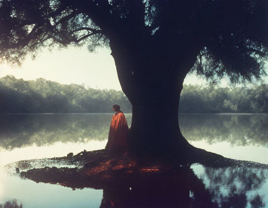 Solitary figure in red cloak by tranquil lake and misty forest