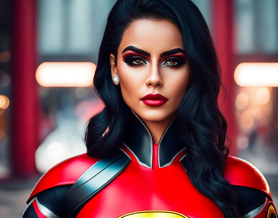 Woman with dark hair in red and gold superhero costume with futuristic makeup