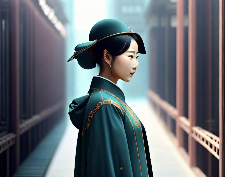 Traditional Asian attire woman in green hat on bridge gazes contemplatively