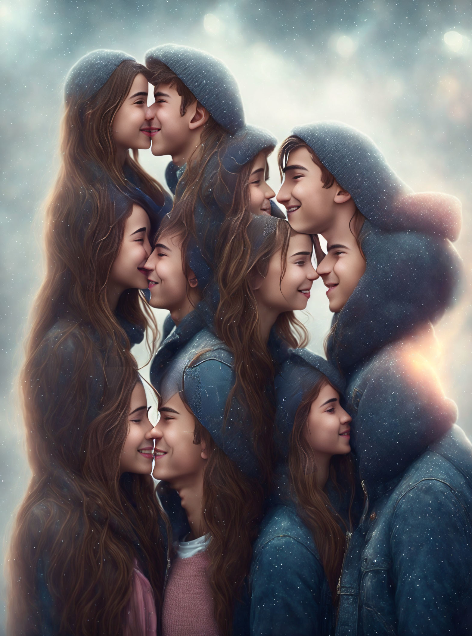 Surreal portrait of smiling young couple in warm clothing against wintry background