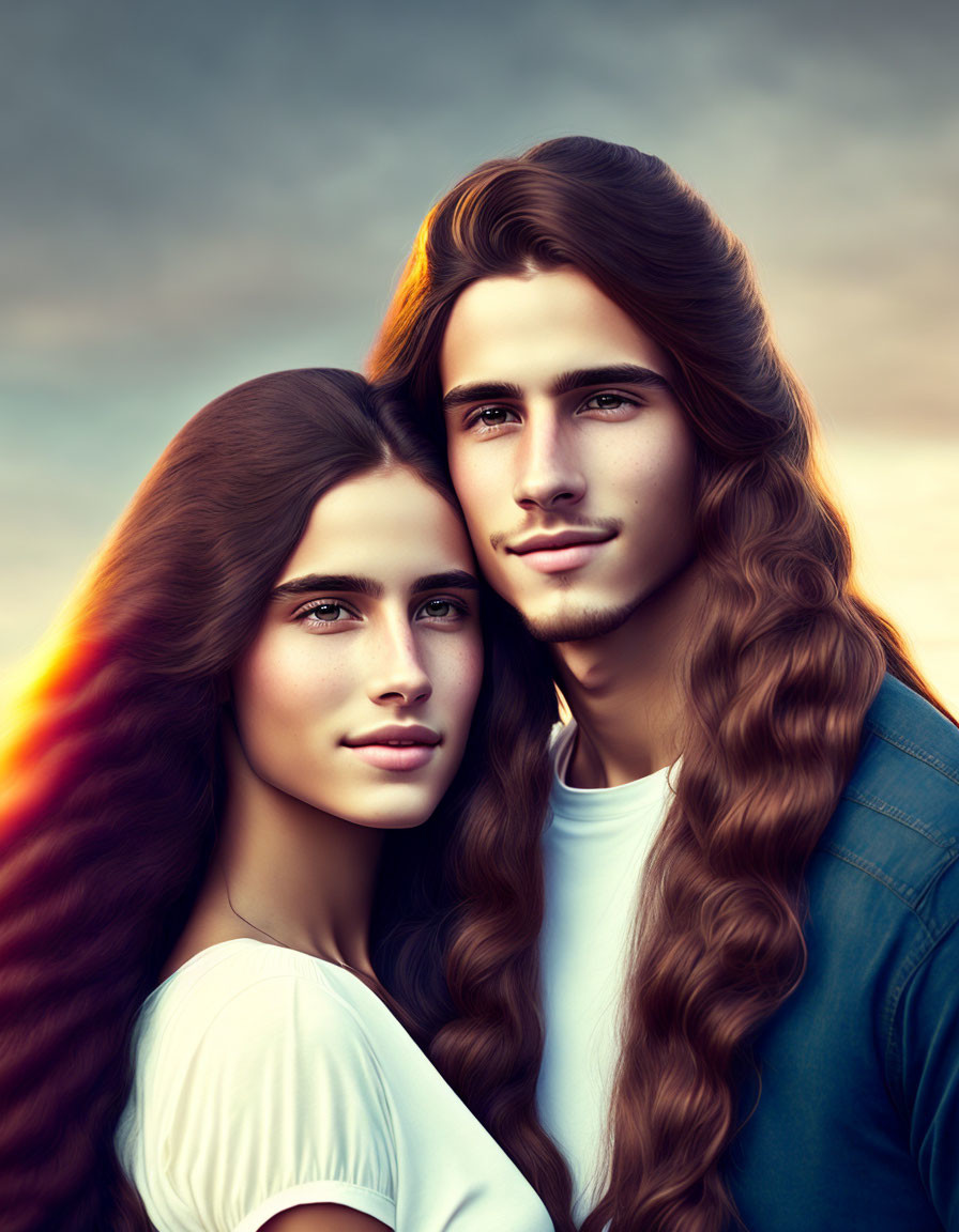 Illustration of young couple with flowing hair against sunset sky