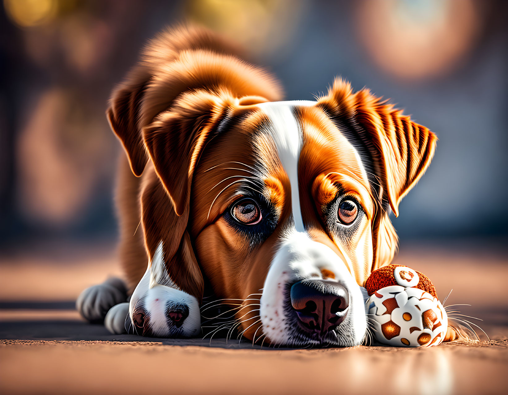 Brown and White Dog Resting with Paw Print Ball