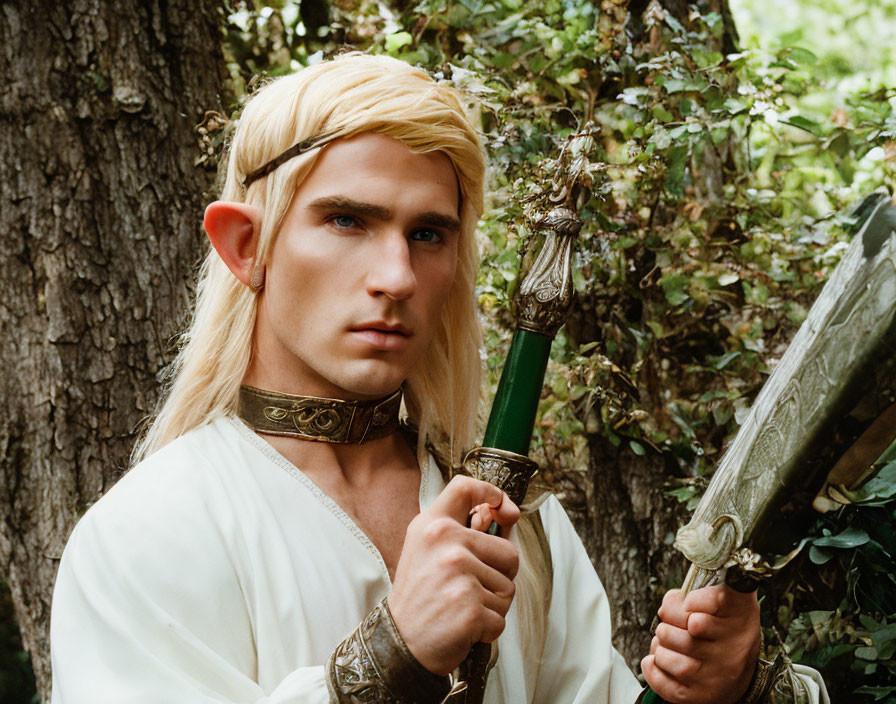 Blond-haired elf with green sword in forest setting