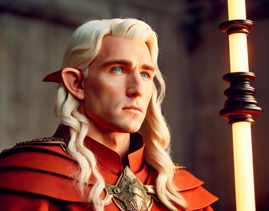 Elf illustration: blue-eyed, blond hair, ornate armor, candlestick.