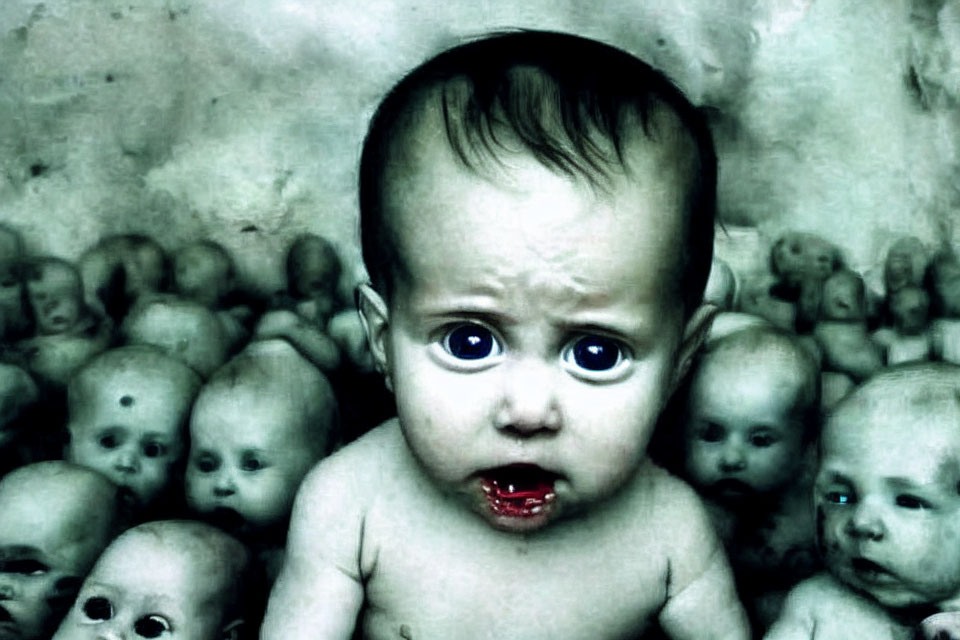 Surprised baby surrounded by dolls' heads on grimy background