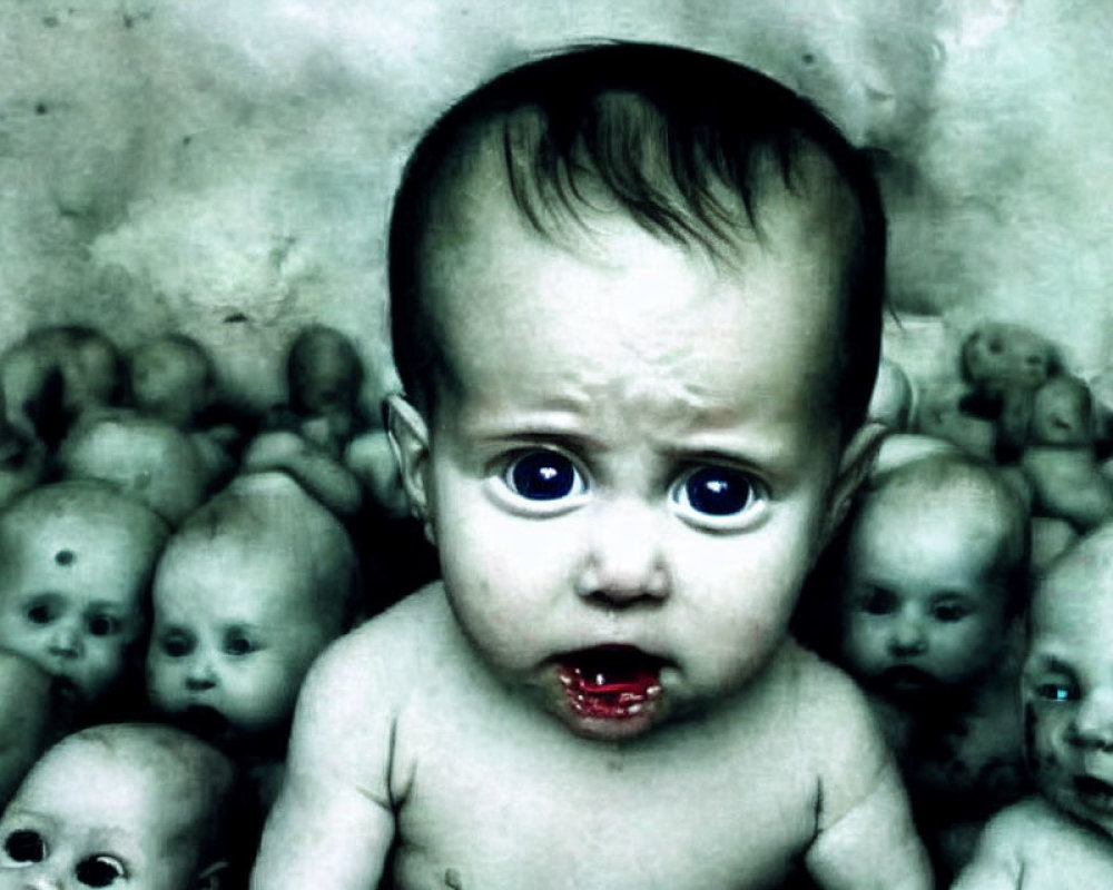 Surprised baby surrounded by dolls' heads on grimy background