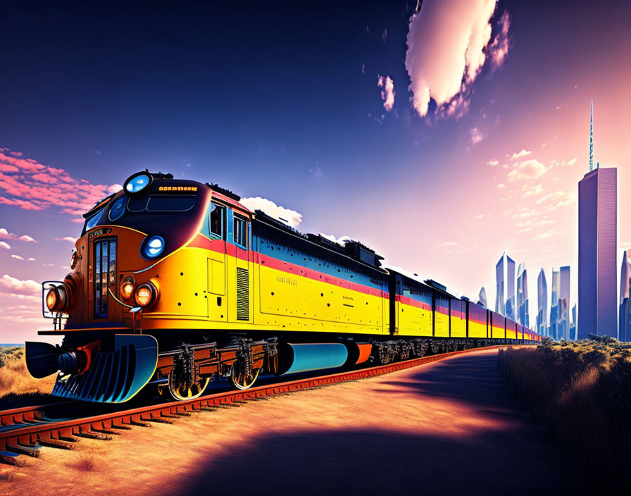 Colorful Diesel Locomotive Pulling Passenger Train Towards Futuristic City Skyline