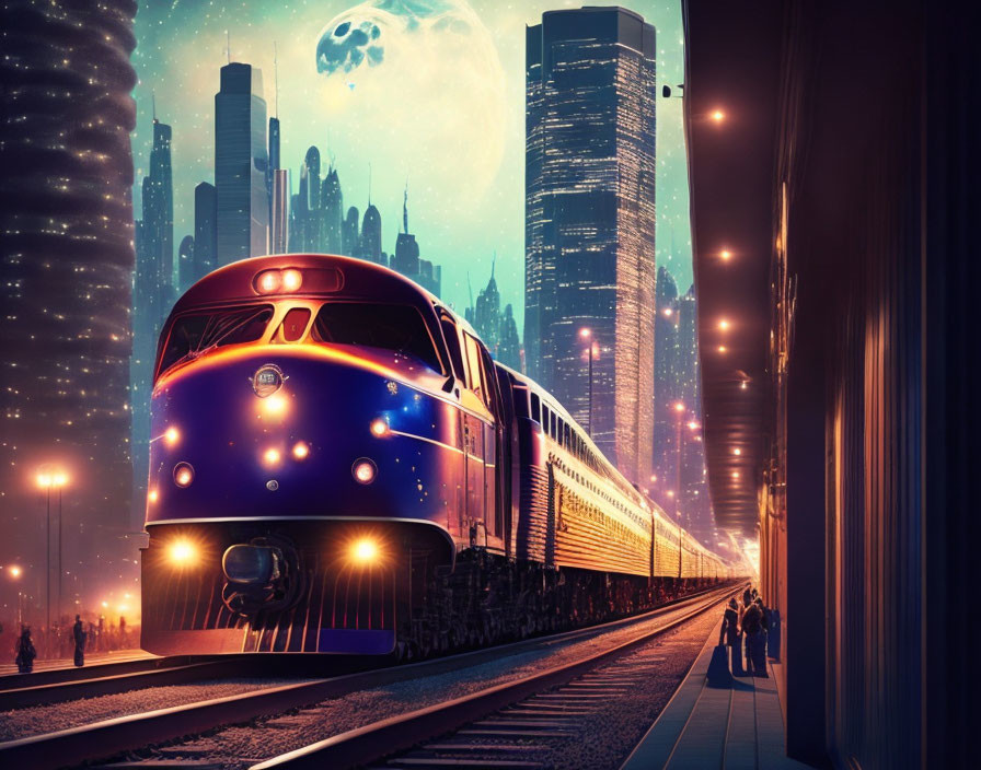 Vintage train on platform with futuristic skyline and otherworldly sky.