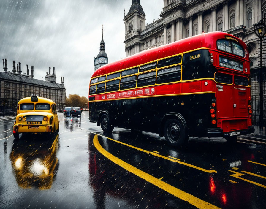 Iconic British architecture with red double-decker bus and yellow car on rainy street