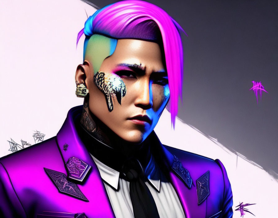 Futuristic male figure with neon blue skin and rainbow hair in dark jacket