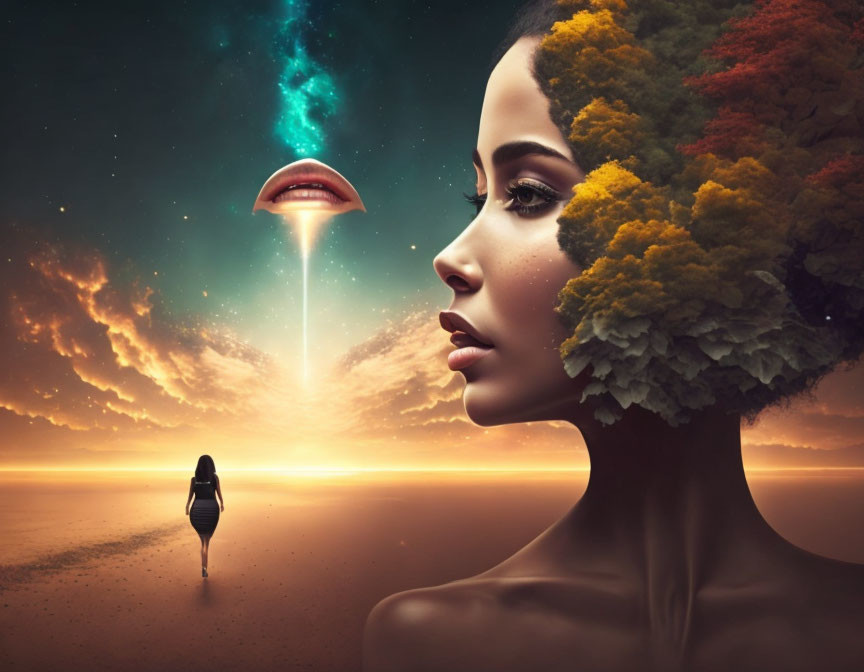 Surreal composition: woman with tree head, UFO, starry sky at sunset