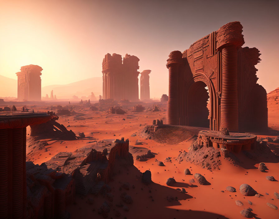 Ancient ruins in vast desert landscape at sunset