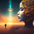 Surreal composition: woman with tree head, UFO, starry sky at sunset