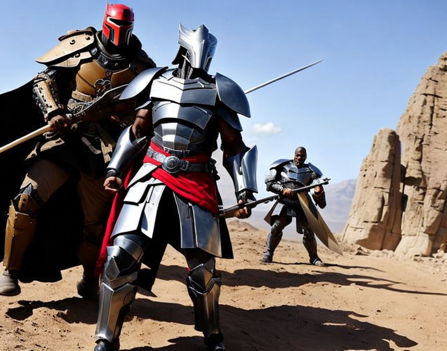 Armored warriors running in desert with distinctive helmet visor.