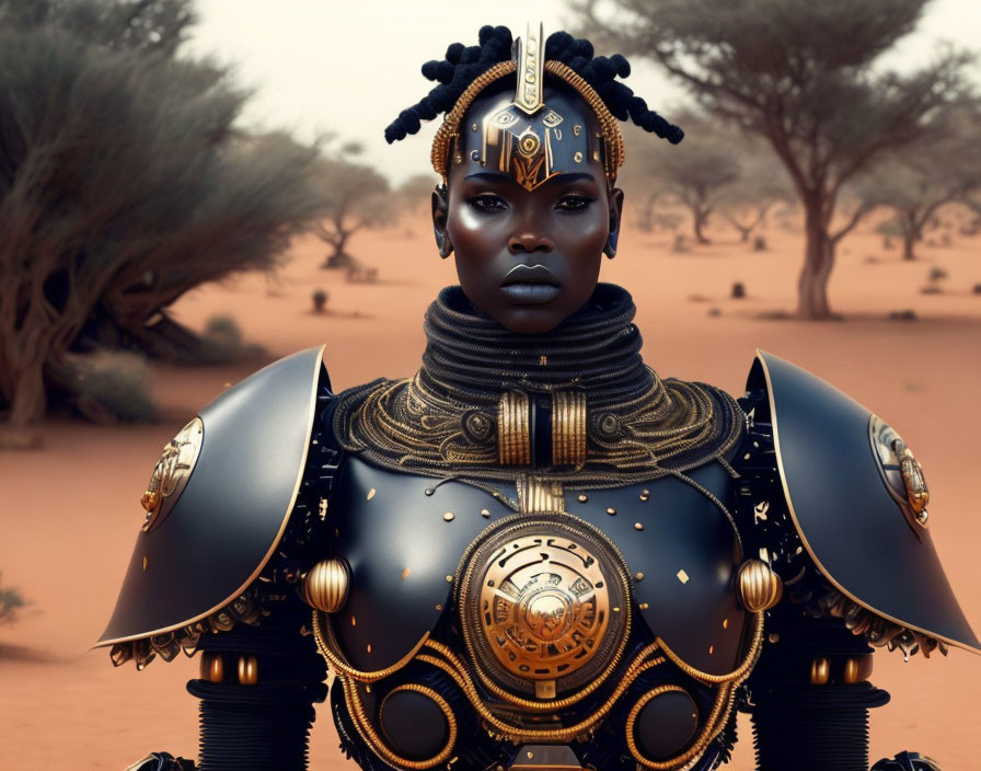 Futuristic female warrior in black and gold armor against desert backdrop