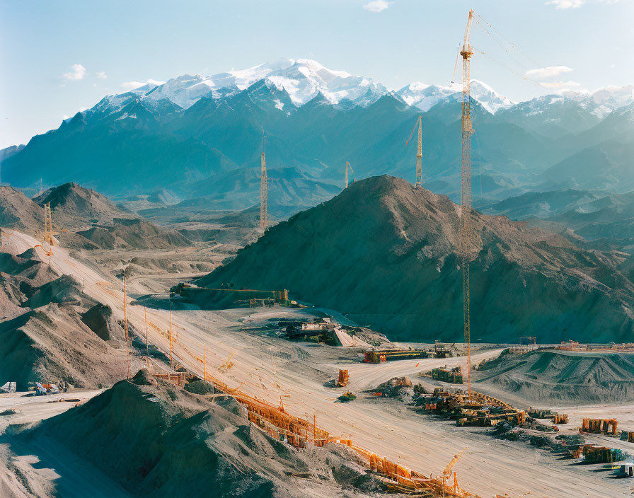 Mountainous construction site with cranes and snow-capped peaks.