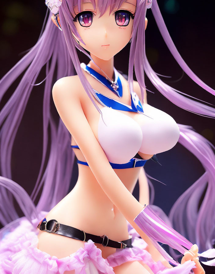 Anime-style character with purple hair in white and blue outfit and accessories.