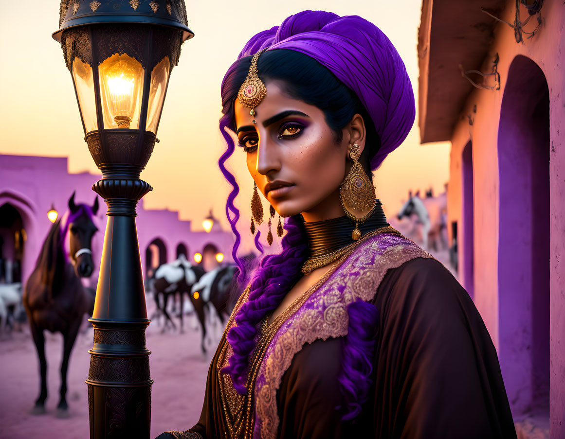 Woman in purple headwrap with jewelry by lamppost at dusk, horses in background