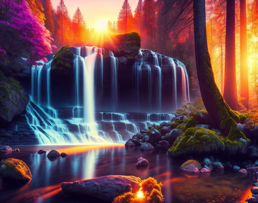 Majestic waterfall in vibrant autumn forest scene