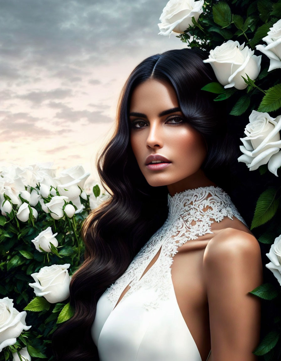 Dark-haired woman in white lace dress posing by white roses at twilight