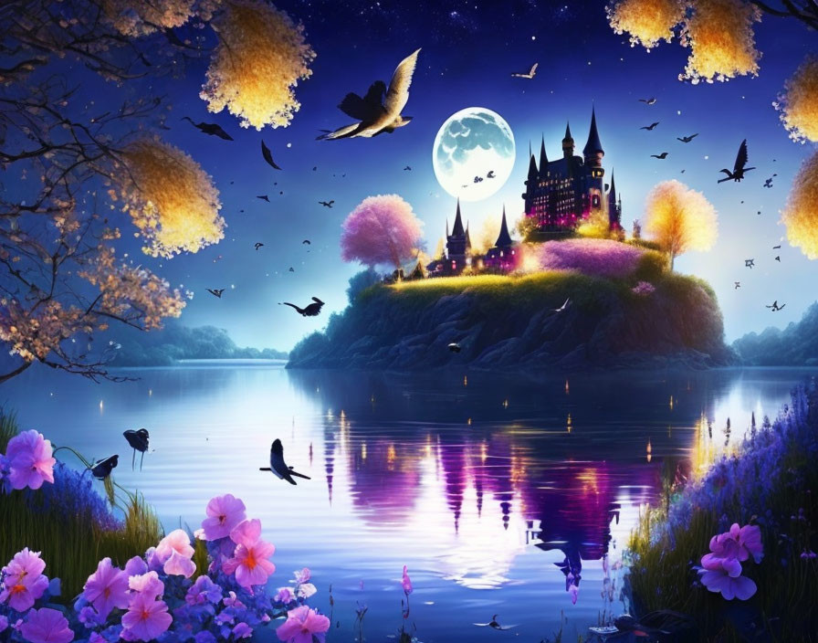 Nighttime castle island scene with vibrant flowers, flying birds, full moon, and starry sky.