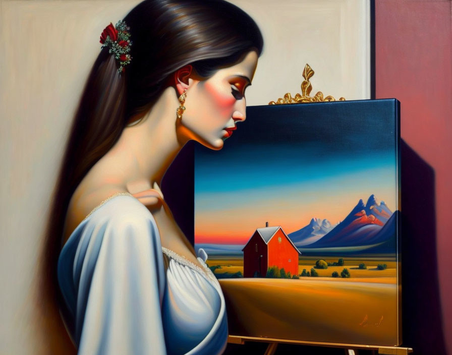 Woman with flower in hair gazes at sunset painting with red barn and mountains