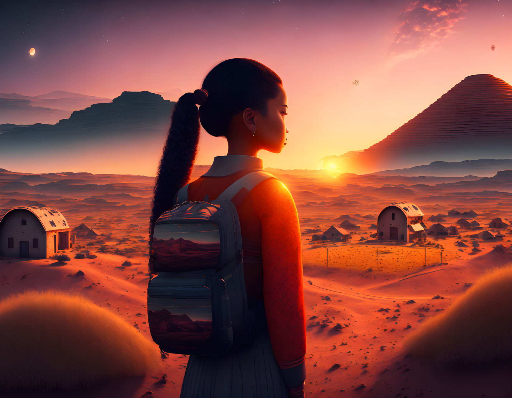 Woman with braided ponytail gazes at desert sunset and domed structures