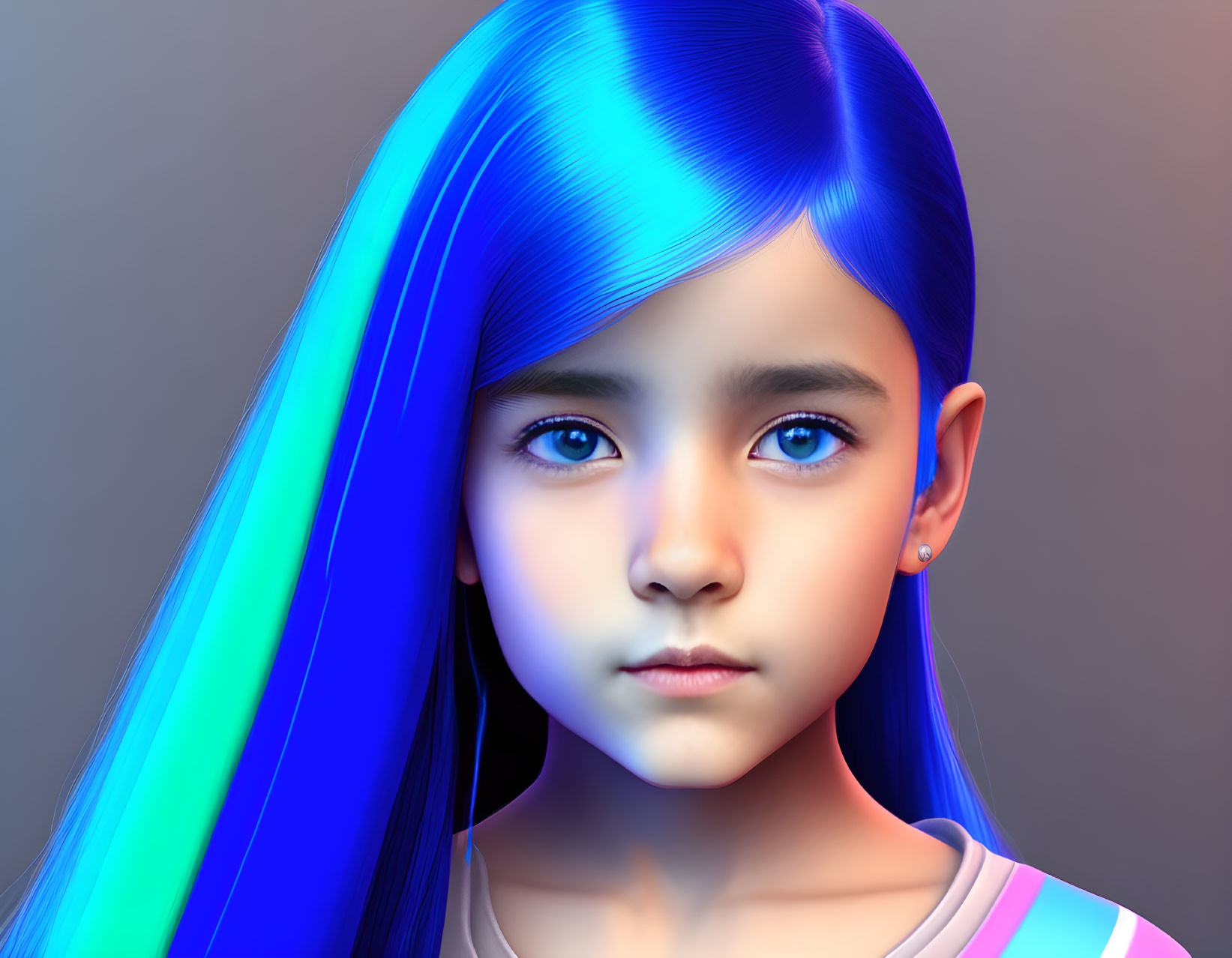 Digital art portrait of young girl with blue hair and pensive expression