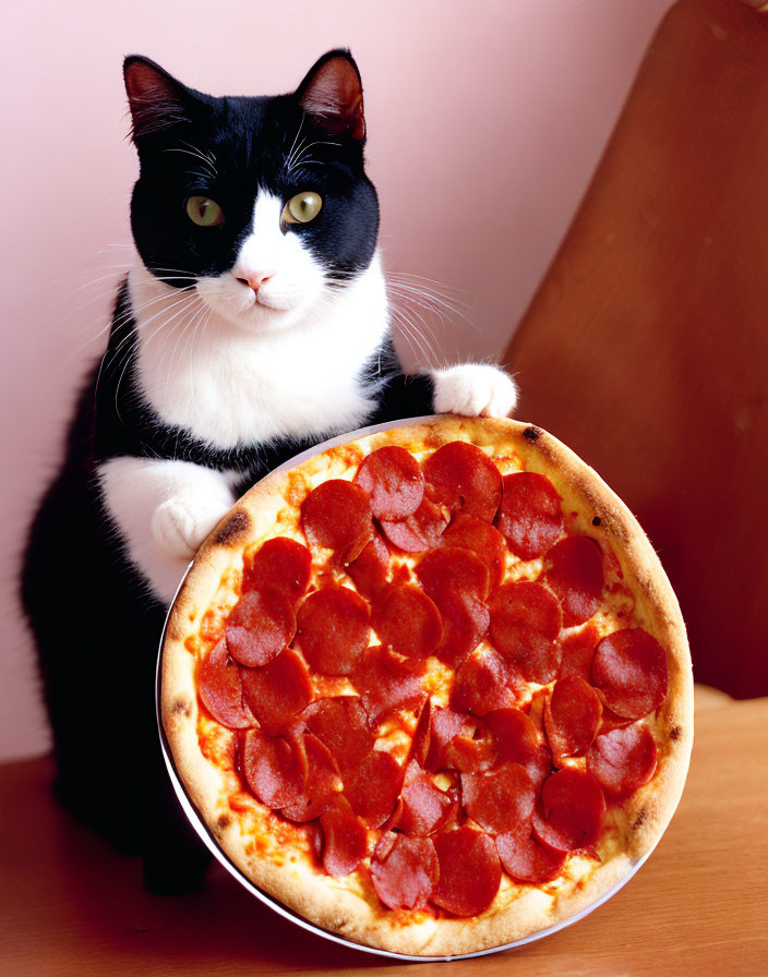 Black and white cat with pepperoni pizza on pink background