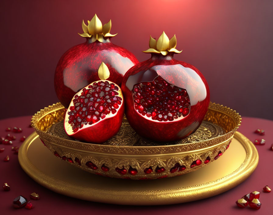 Ornate candle-shaped pomegranates on golden tray with seeds and maroon background