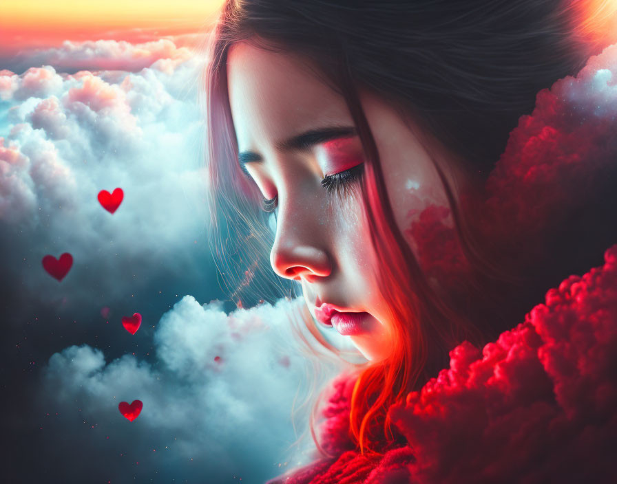 Portrait of woman with red accents and hearts in dreamy cloudscape