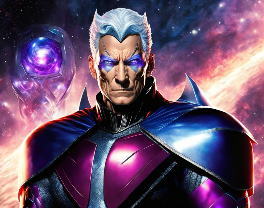 White-Haired Male Superhero in Blue and Purple Costume with Cosmic Background and Glowing Object