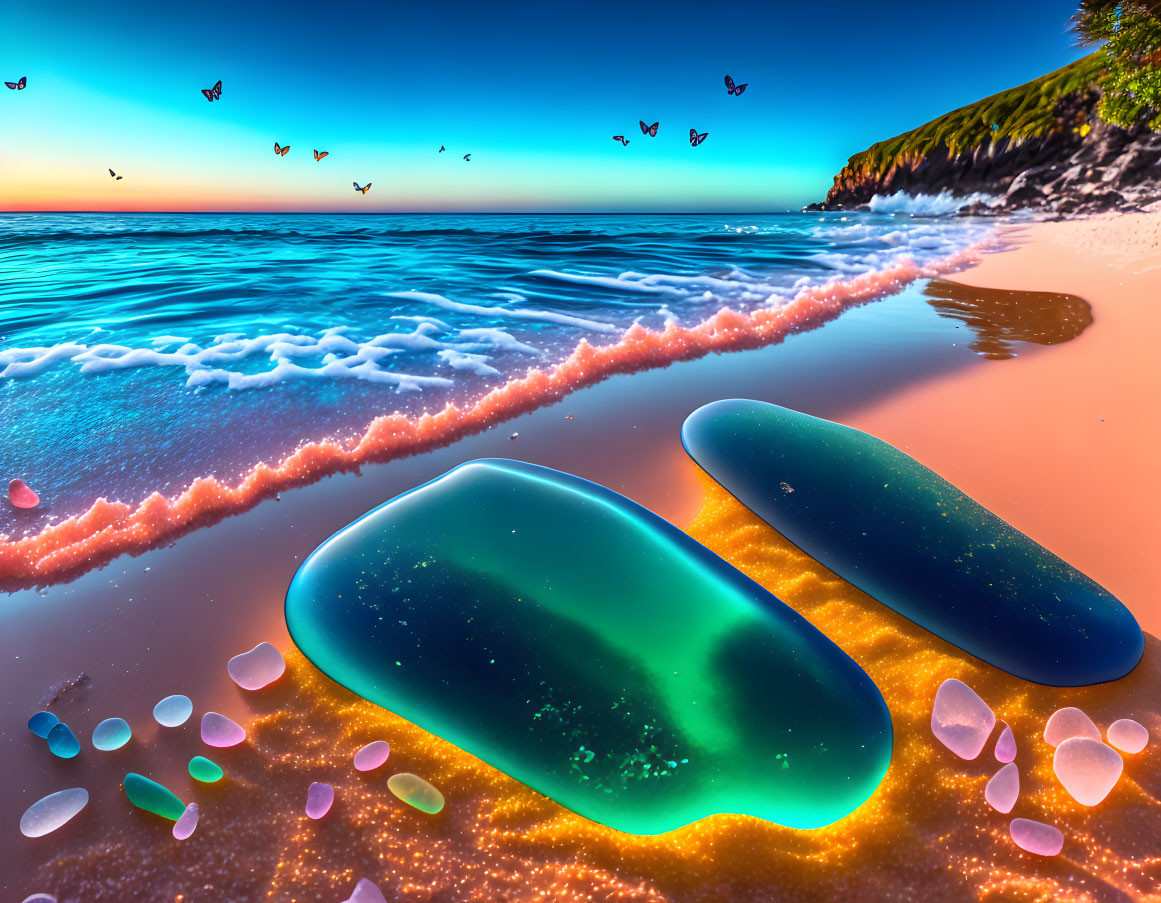 Sunset beach scene with glowing sea glass, birds, and gentle waves