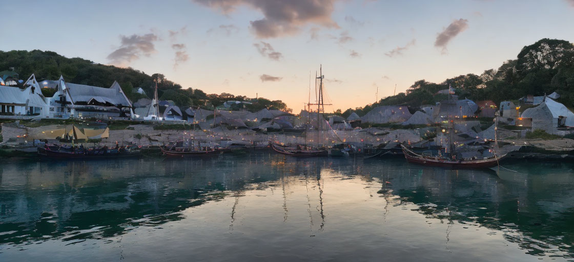 Vintage boats and thatched-roof cottages in tranquil dusk harbor