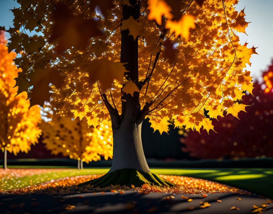 Vibrant yellow autumn tree with backlit leaves and fallen foliage.