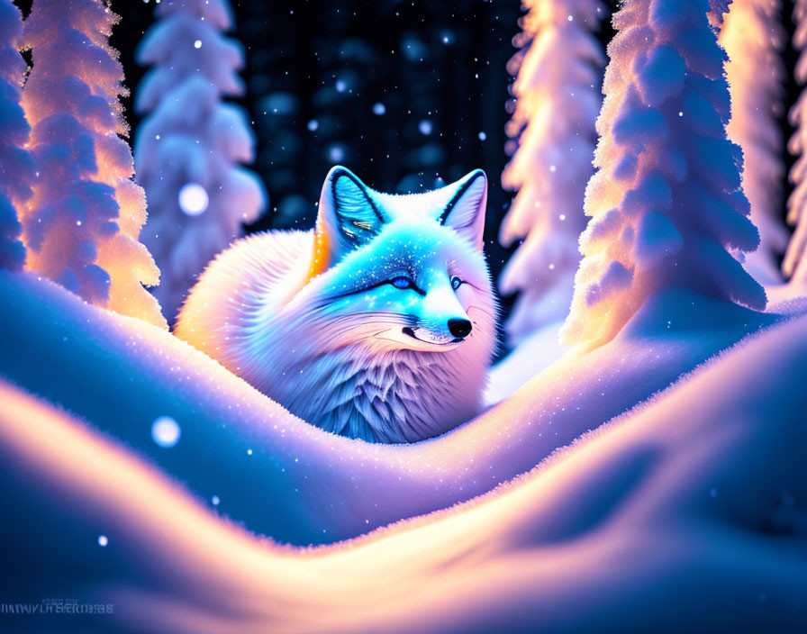 Detailed blue and white fox in snowy pine tree landscape under starry night.