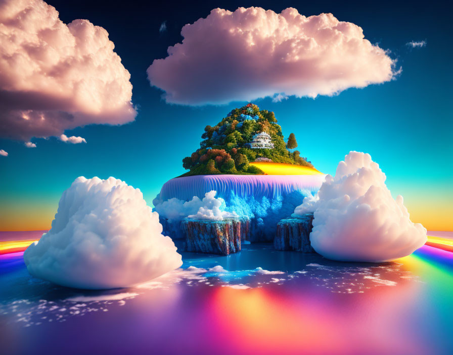 Island with waterfall above rainbow sea and fluffy clouds