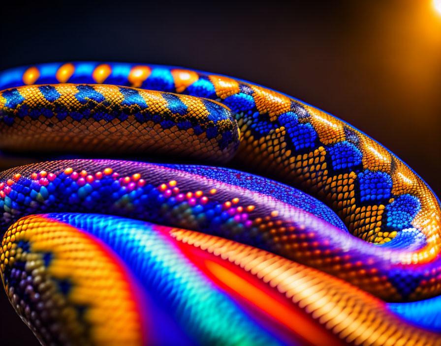 Vibrant close-up image of a colorful snake with blue, orange, and yellow scales on dark