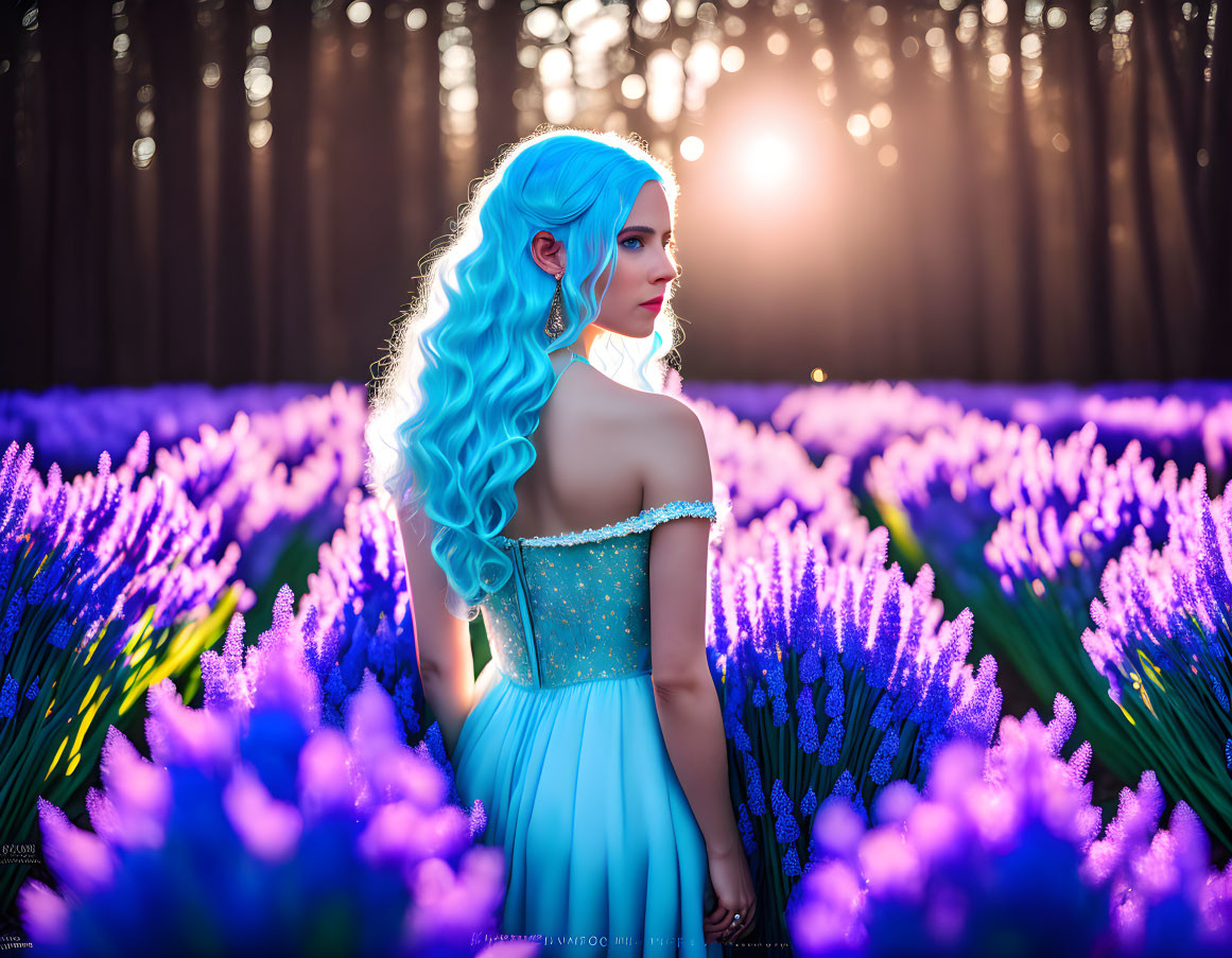 Woman with Blue Hair in Pastel Dress Surrounded by Purple Flowers at Sunset