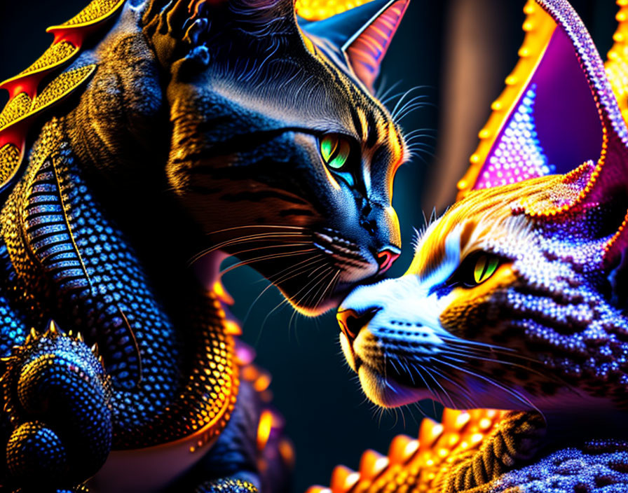 Stylized digital art cats with intricate patterns and textures on dark background