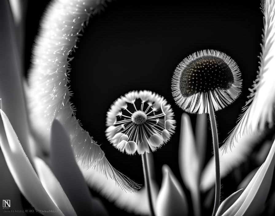 Monochrome close-up of dandelion seed heads with delicate seeds and blurred floral elements