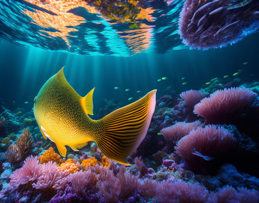 Striped yellow and black fish near colorful coral in sunlit water.